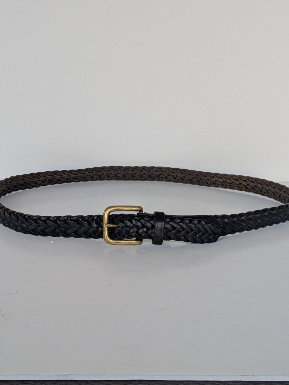 Vintage Lands End Womens Dark Brown Woven Braided Brass Buckle Belt - size L